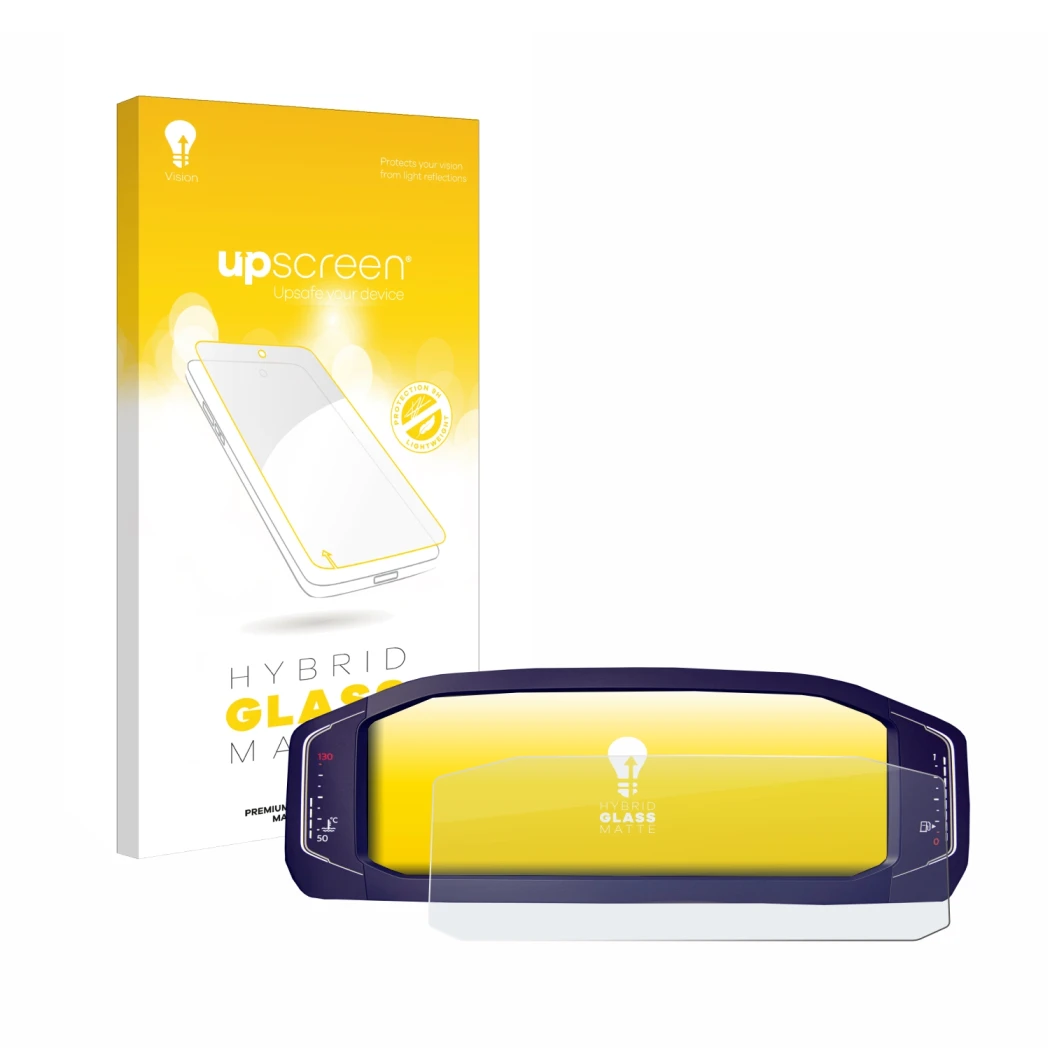 Parte frontal de un envase de producto con el logotipo de la marca upscreen. Al lado se muestra el dispositivo Volkswagen Pass