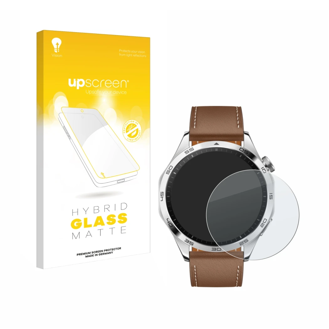 Parte frontal de un envase de producto con el logotipo de la marca upscreen. Al lado se muestra el dispositivo Huawei Watch GT
