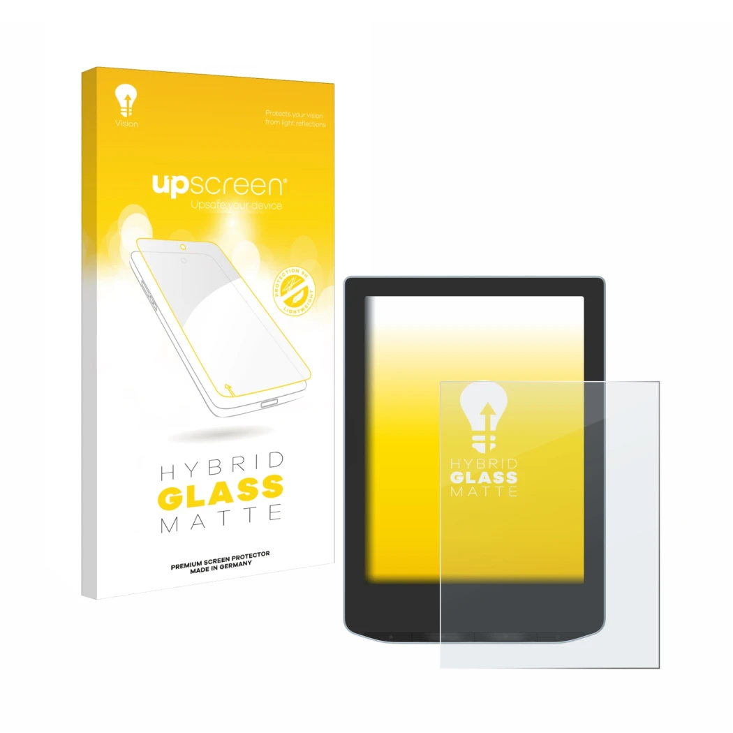 Parte frontal de un envase de producto con el logotipo de la marca upscreen. Al lado se muestra el dispositivo PocketBook Vers