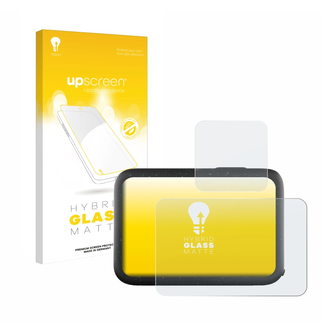 Parte frontal de un envase de producto con el logotipo de la marca upscreen. Al lado se muestra el dispositivo GoPro Hero 12 B