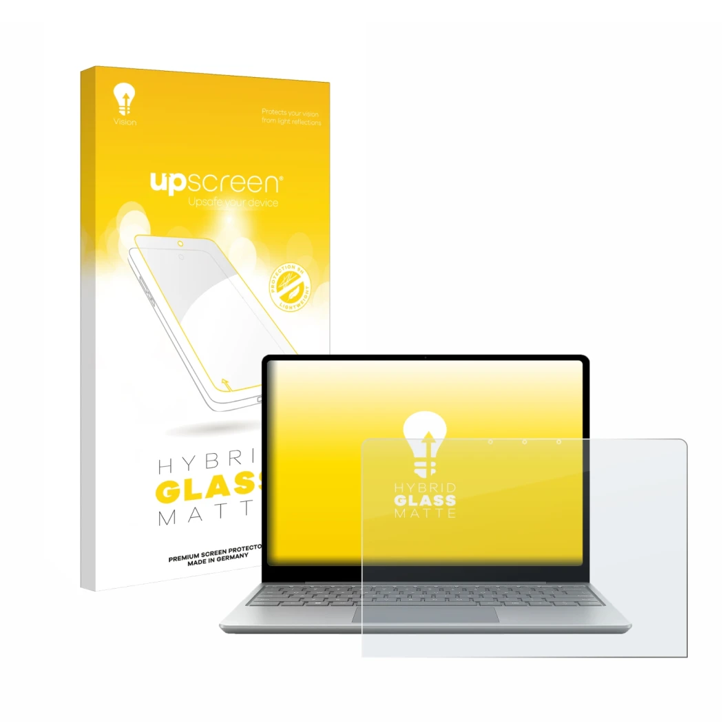 Parte frontal de un envase de producto con el logotipo de la marca upscreen. Al lado se muestra el dispositivo Microsoft Surfa