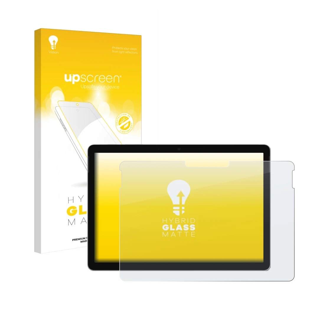 Parte frontal de un envase de producto con el logotipo de la marca upscreen. Al lado se muestra el dispositivo Microsoft Surfa