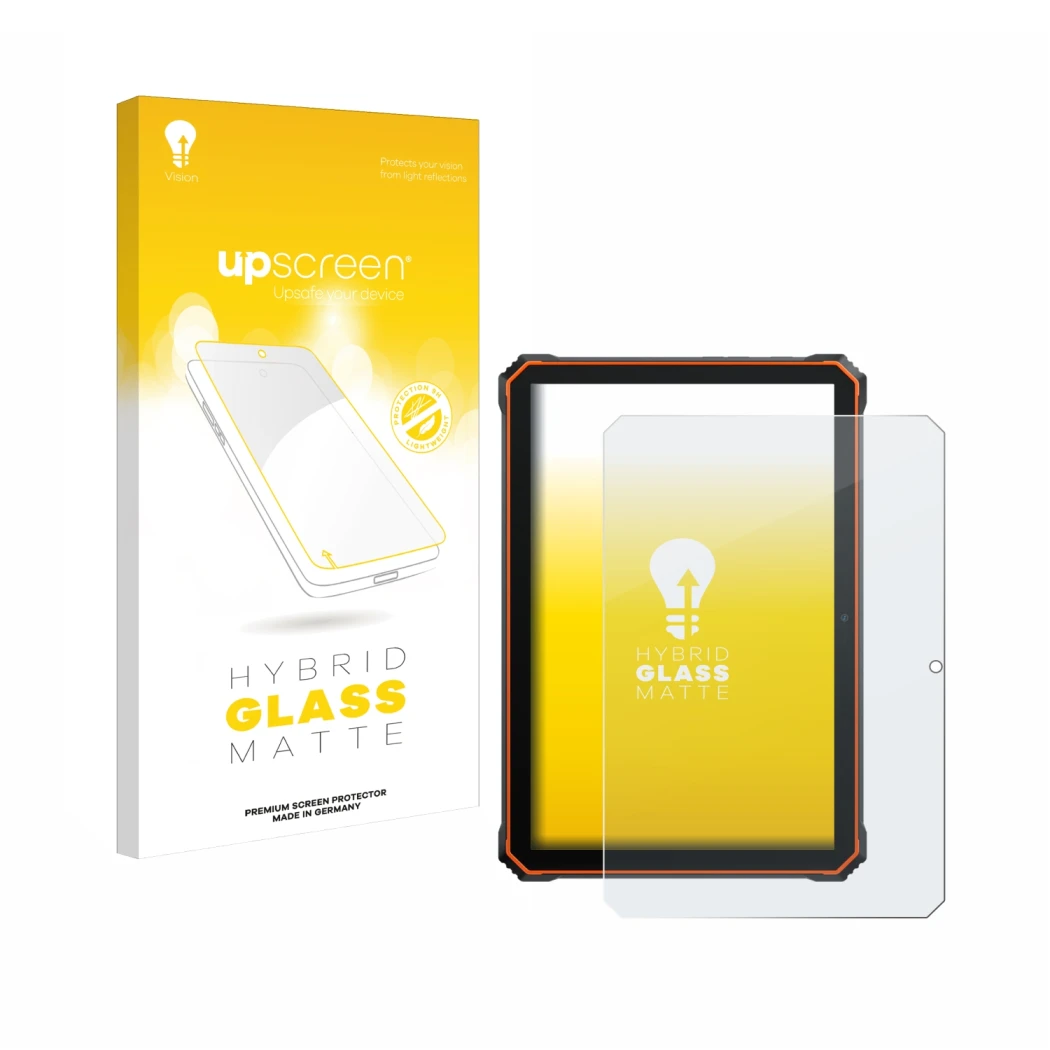 Parte frontal de un envase de producto con el logotipo de la marca upscreen. Al lado se muestra el dispositivo Blackview Activ