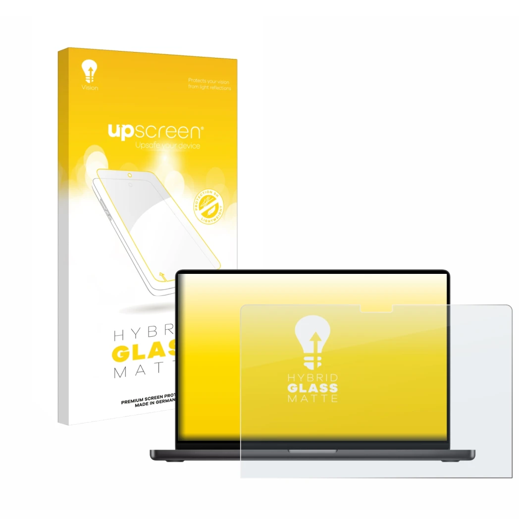 Parte frontal de un envase de producto con el logotipo de la marca upscreen. Al lado se muestra el dispositivo Apple MacBook P