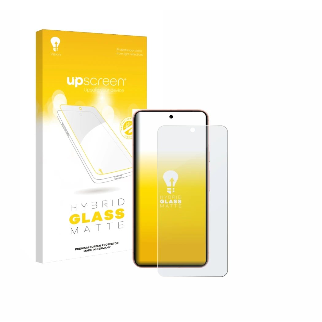 Parte frontal de un envase de producto con el logotipo de la marca upscreen. Al lado se muestra el dispositivo Google Pixel 8 