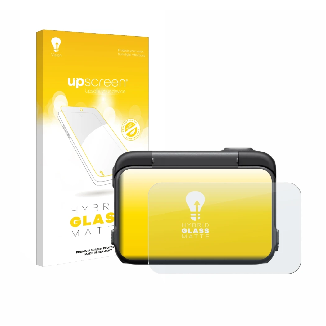 Parte frontal de un envase de producto con el logotipo de la marca upscreen. Al lado se muestra el dispositivo Insta360 Ace Pr