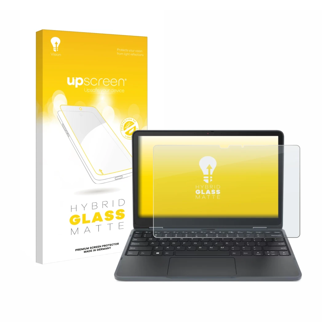 Parte frontal de un envase de producto con el logotipo de la marca upscreen. Al lado se muestra el dispositivo Lenovo 300w Yog