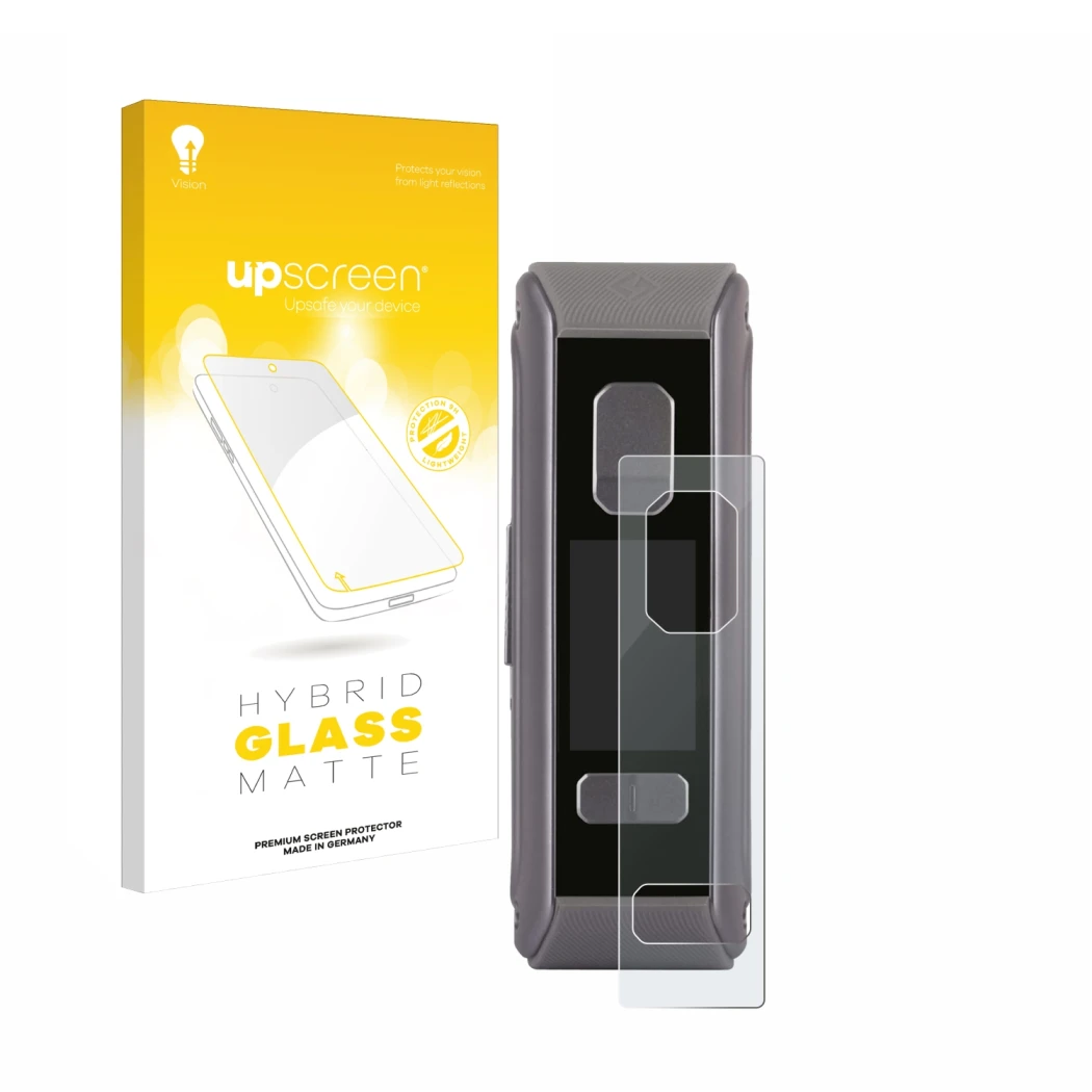 Parte frontal de un envase de producto con el logotipo de la marca upscreen. Al lado se muestra el dispositivo GeekVape Aegis 