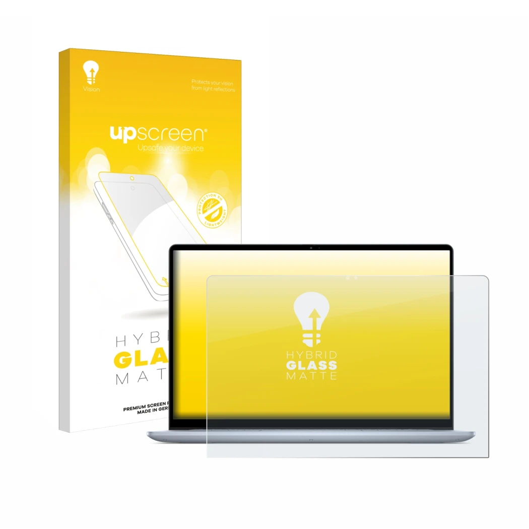 Parte frontal de un envase de producto con el logotipo de la marca upscreen. Al lado se muestra el dispositivo Dell Inspiron 1