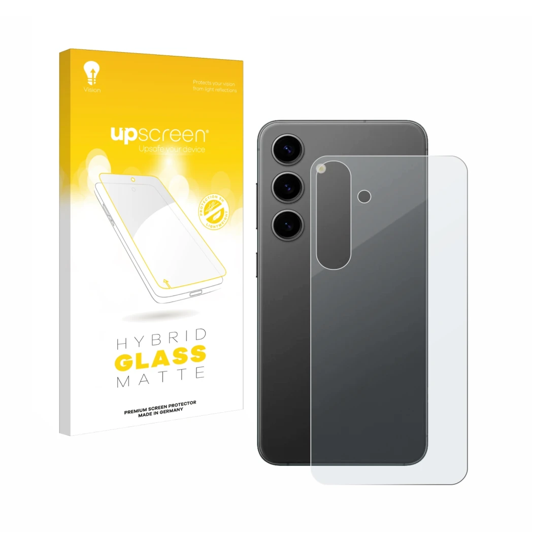 Parte frontal de un envase de producto con el logotipo de la marca upscreen. Al lado se muestra el dispositivo Samsung Galaxy 