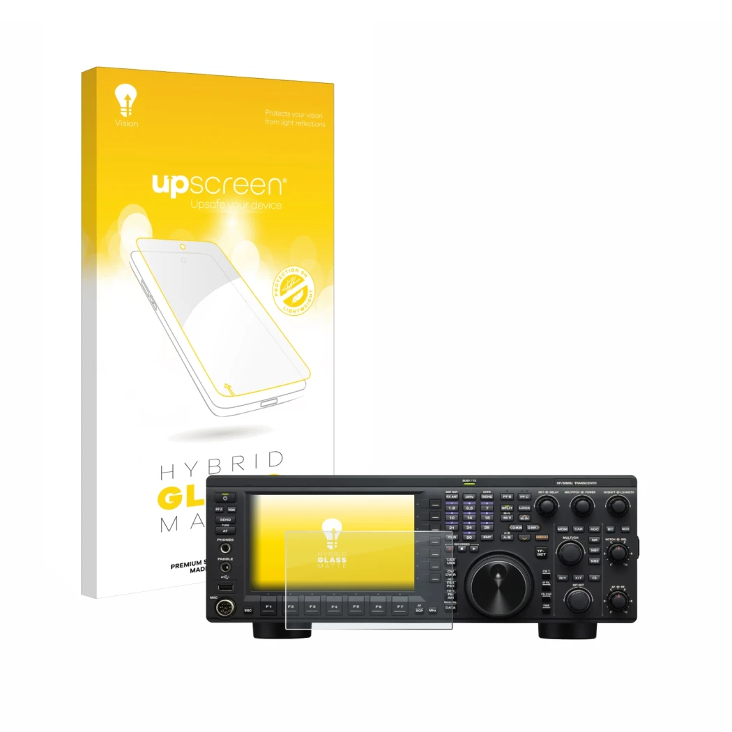 Parte frontal de un envase de producto con el logotipo de la marca upscreen. Al lado se muestra el dispositivo Kenwood TS-890S