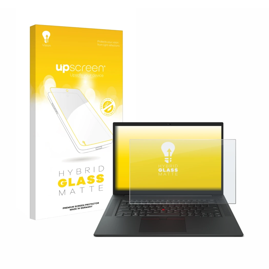 Parte frontal de un envase de producto con el logotipo de la marca upscreen. Al lado se muestra el dispositivo Lenovo ThinkPad