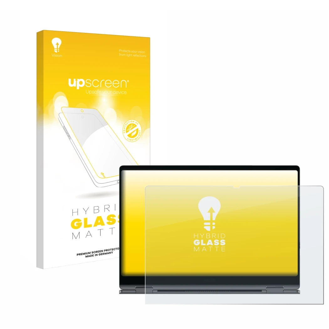 Parte frontal de un envase de producto con el logotipo de la marca upscreen. Al lado se muestra el dispositivo Samsung Galaxy 