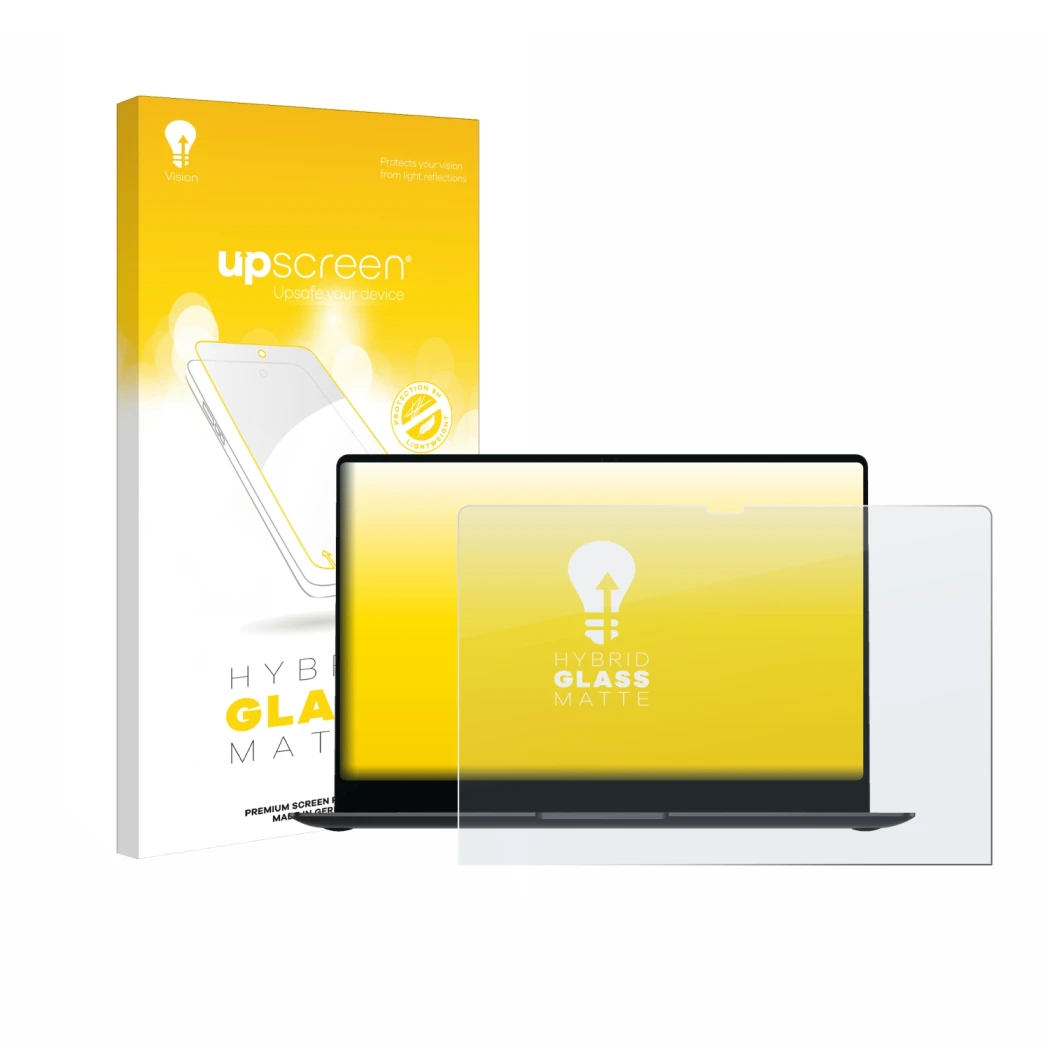 Parte frontal de un envase de producto con el logotipo de la marca upscreen. Al lado se muestra el dispositivo Samsung Galaxy 