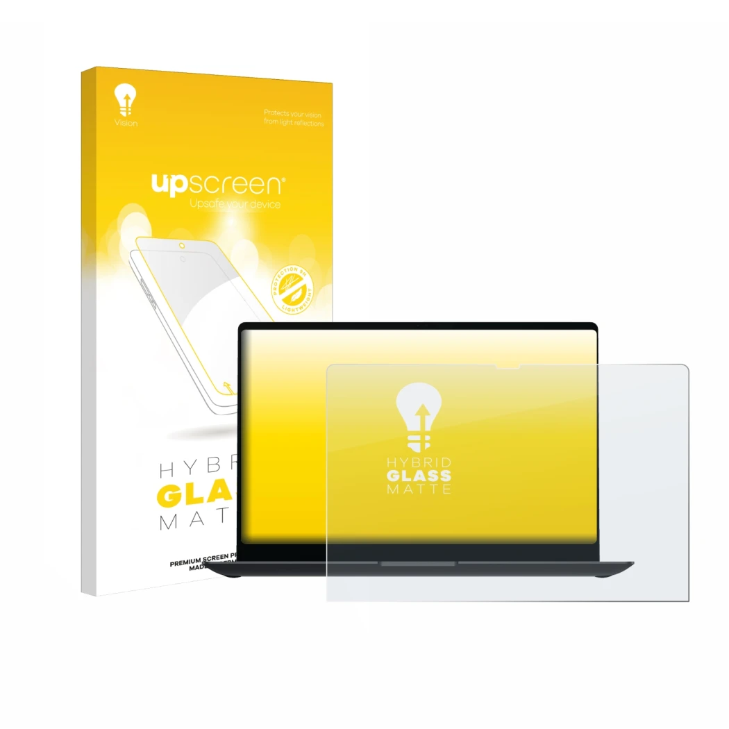 Parte frontal de un envase de producto con el logotipo de la marca upscreen. Al lado se muestra el dispositivo Samsung Galaxy 