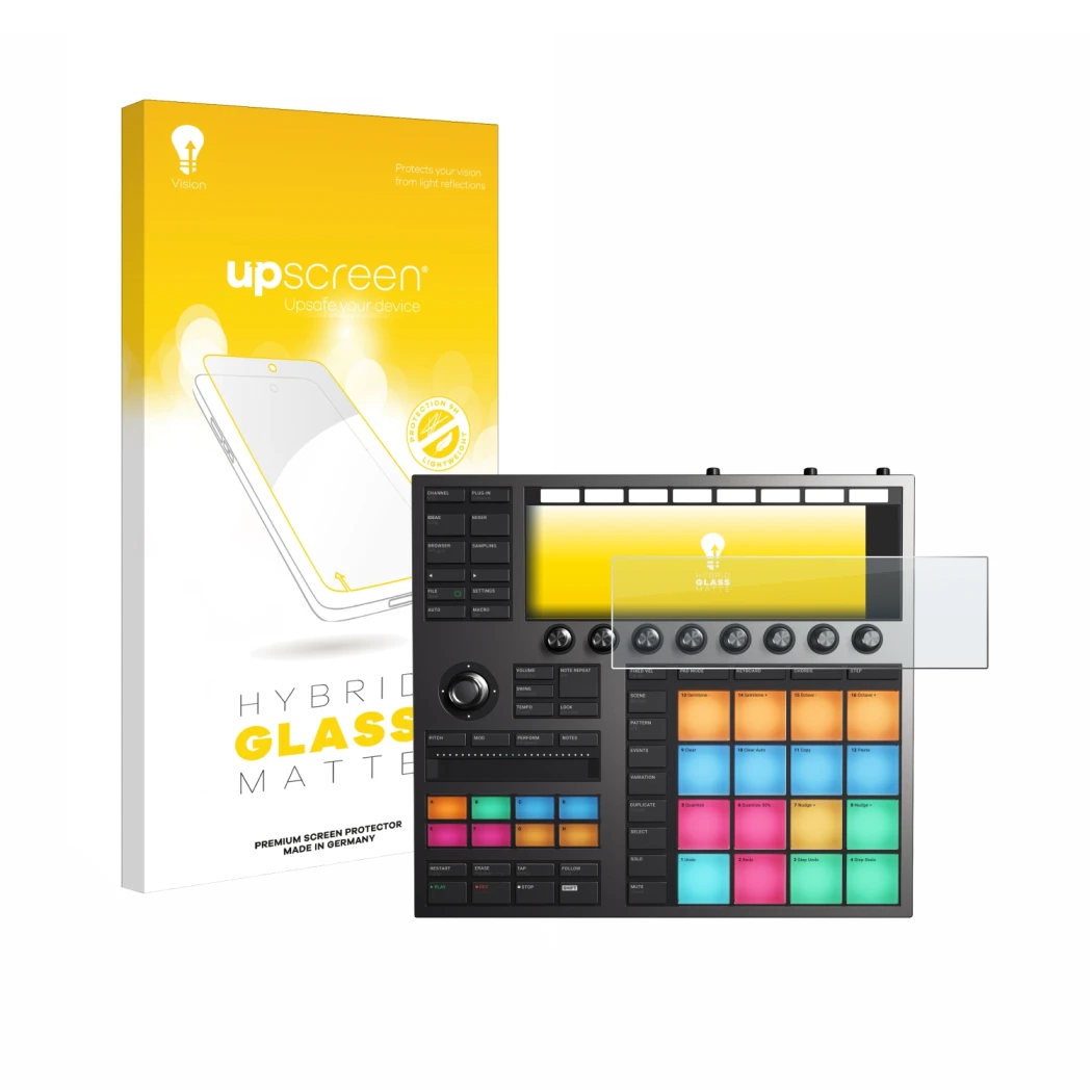 Parte frontal de un envase de producto con el logotipo de la marca upscreen. Al lado se muestra el dispositivo Native Instrume