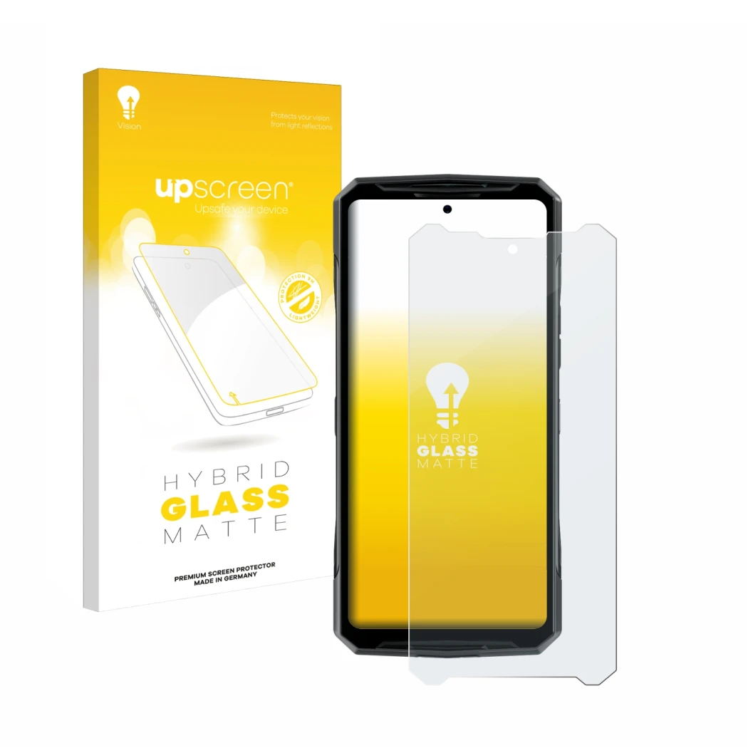 Parte frontal de un envase de producto con el logotipo de la marca upscreen. Al lado se muestra el dispositivo Doogee DK10 con