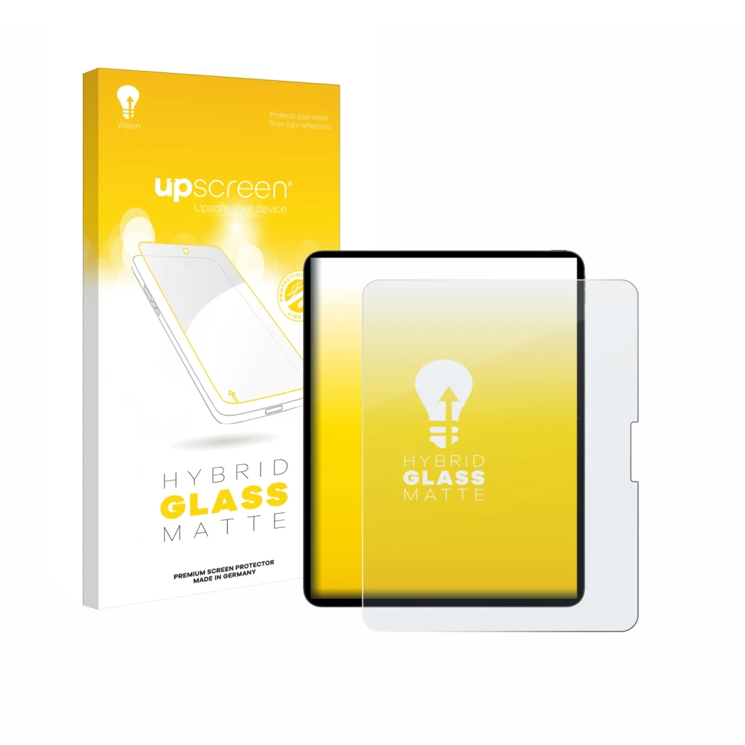 Parte frontal de un envase de producto con el logotipo de la marca upscreen. Al lado se muestra el dispositivo Apple iPad Pro 