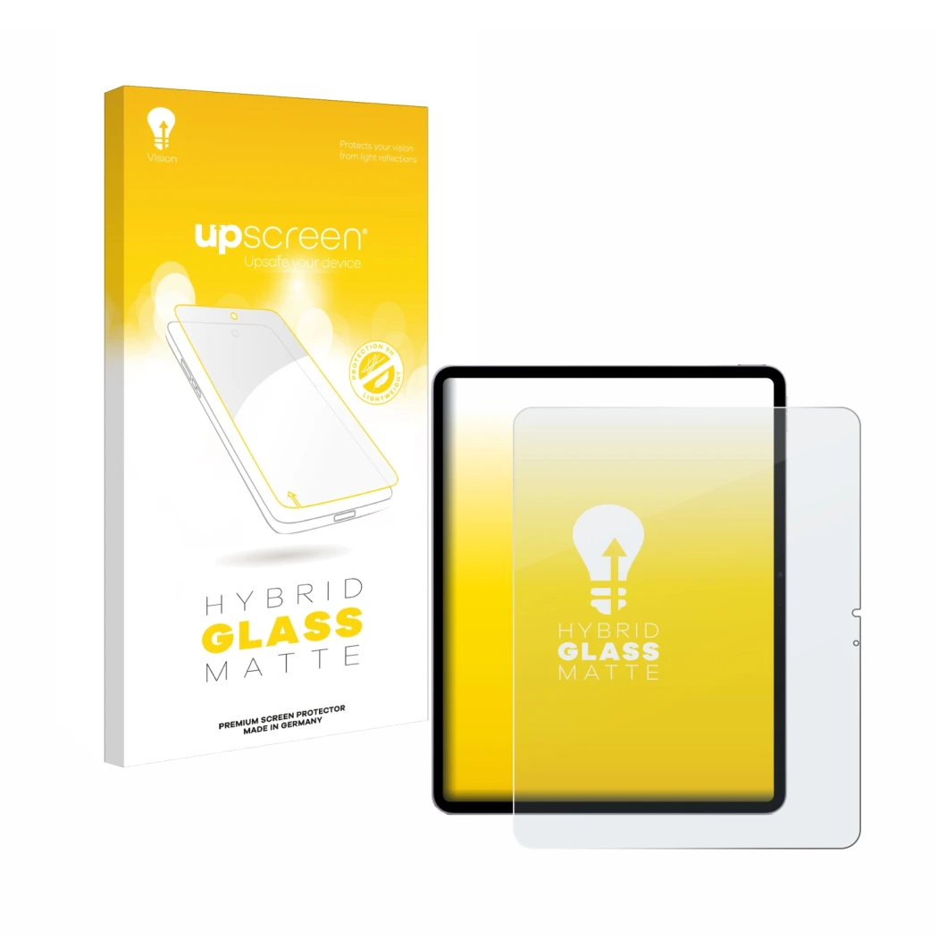 Parte frontal de un envase de producto con el logotipo de la marca upscreen. Al lado se muestra el dispositivo Apple iPad Air 