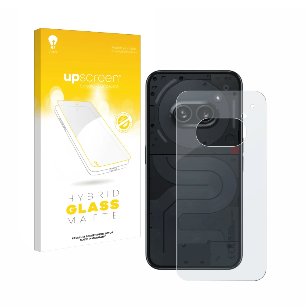 Parte frontal de un envase de producto con el logotipo de la marca upscreen. Al lado se muestra el dispositivo Nothing Phone (