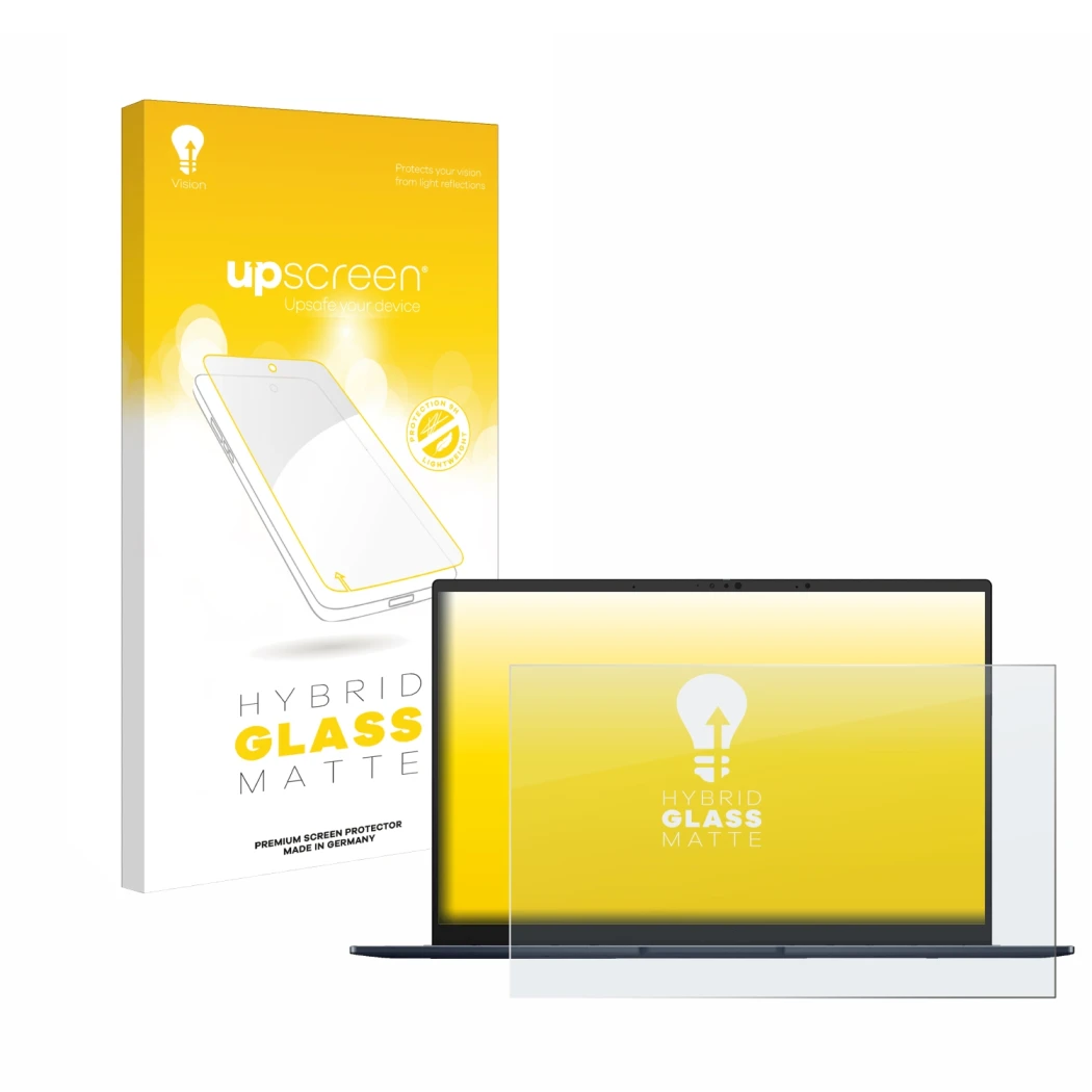 Parte frontal de un envase de producto con el logotipo de la marca upscreen. Al lado se muestra el dispositivo ASUS ZenBook 14