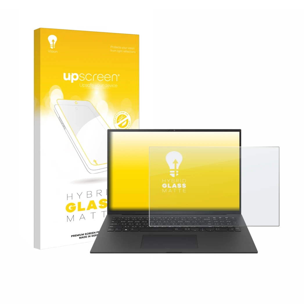 Parte frontal de un envase de producto con el logotipo de la marca upscreen. Al lado se muestra el dispositivo LG gram Pro 17 