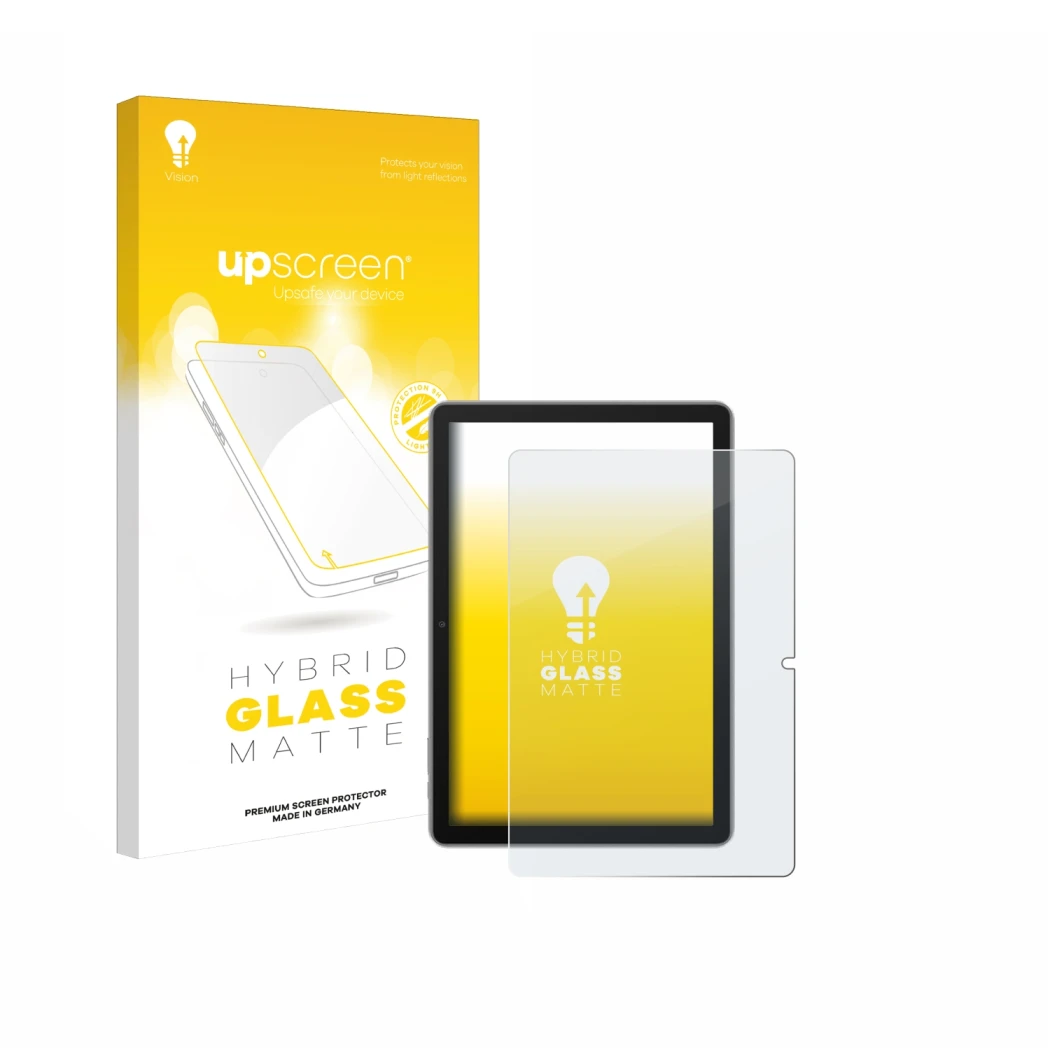 Parte frontal de un envase de producto con el logotipo de la marca upscreen. Al lado se muestra el dispositivo Blackview Tab 7