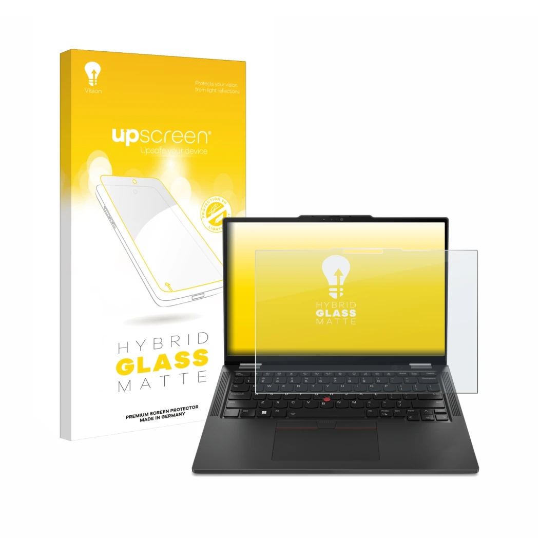 Parte frontal de un envase de producto con el logotipo de la marca upscreen. Al lado se muestra el dispositivo Lenovo ThinkPad