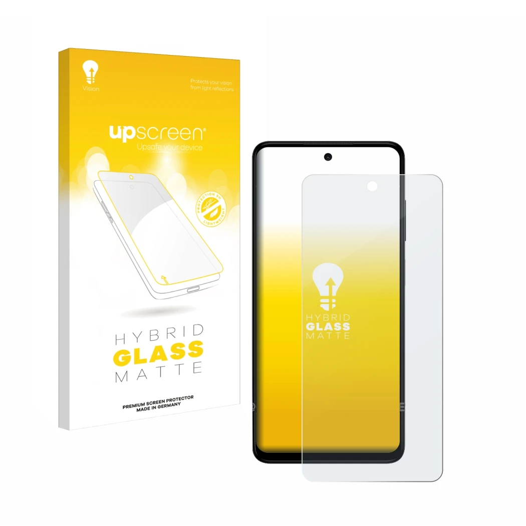 Parte frontal de un envase de producto con el logotipo de la marca upscreen. Al lado se muestra el dispositivo HMD Pulse Pro c