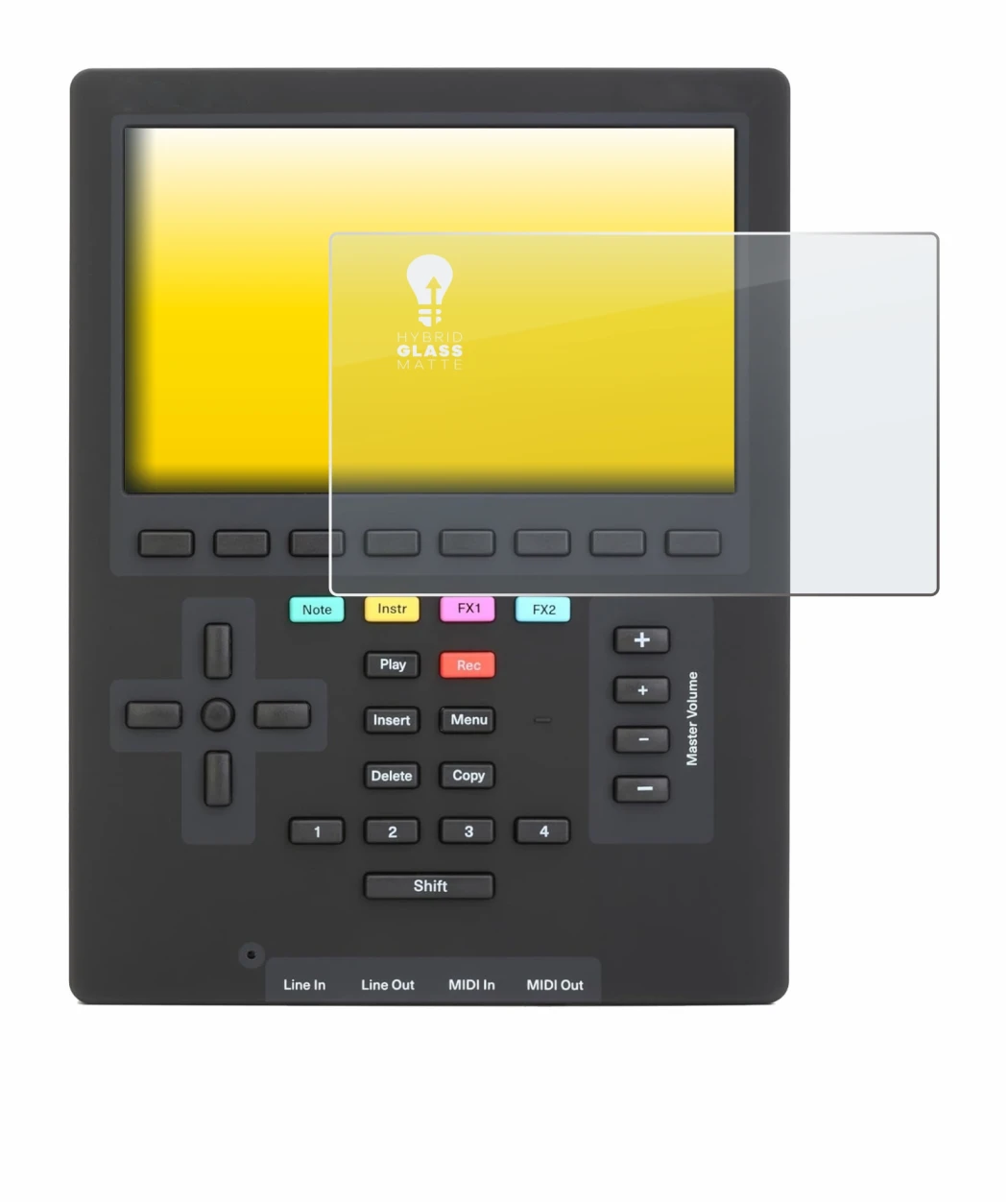 Imagen del dispositivo Polyend Tracker Mini con una amplia variedad de protectores de pantalla.