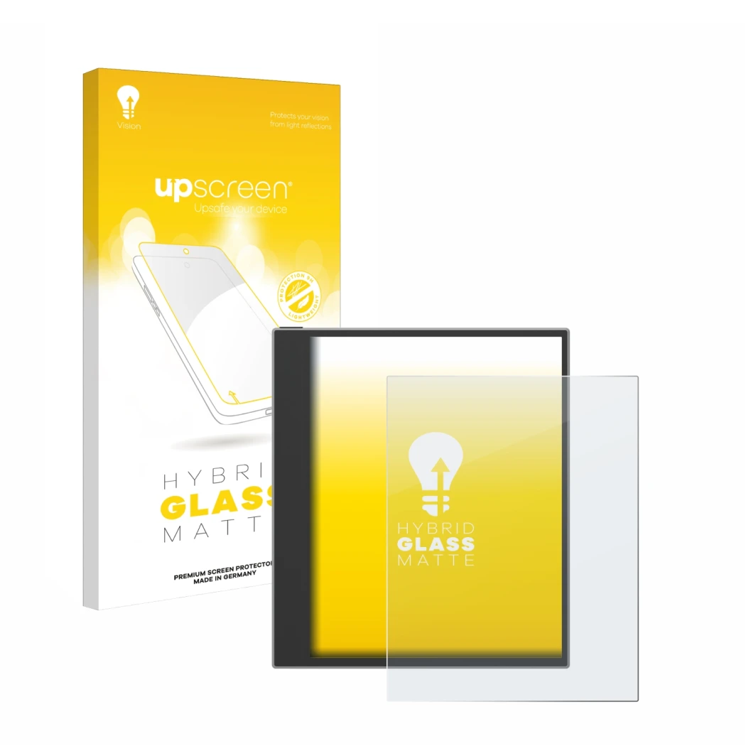 Parte frontal de un envase de producto con el logotipo de la marca upscreen. Al lado se muestra el dispositivo PocketBook InkP