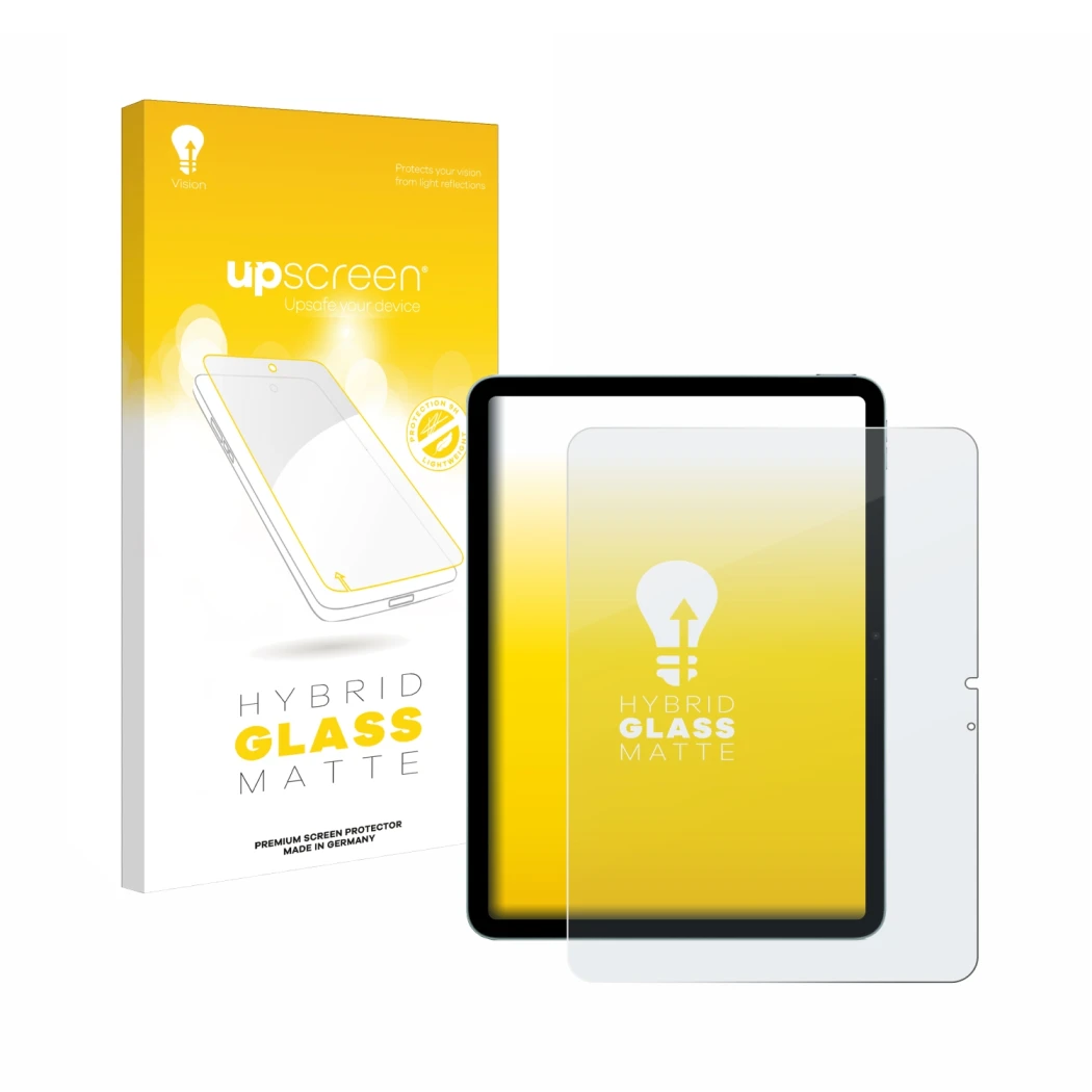 Parte frontal de un envase de producto con el logotipo de la marca upscreen. Al lado se muestra el dispositivo Apple iPad Air 