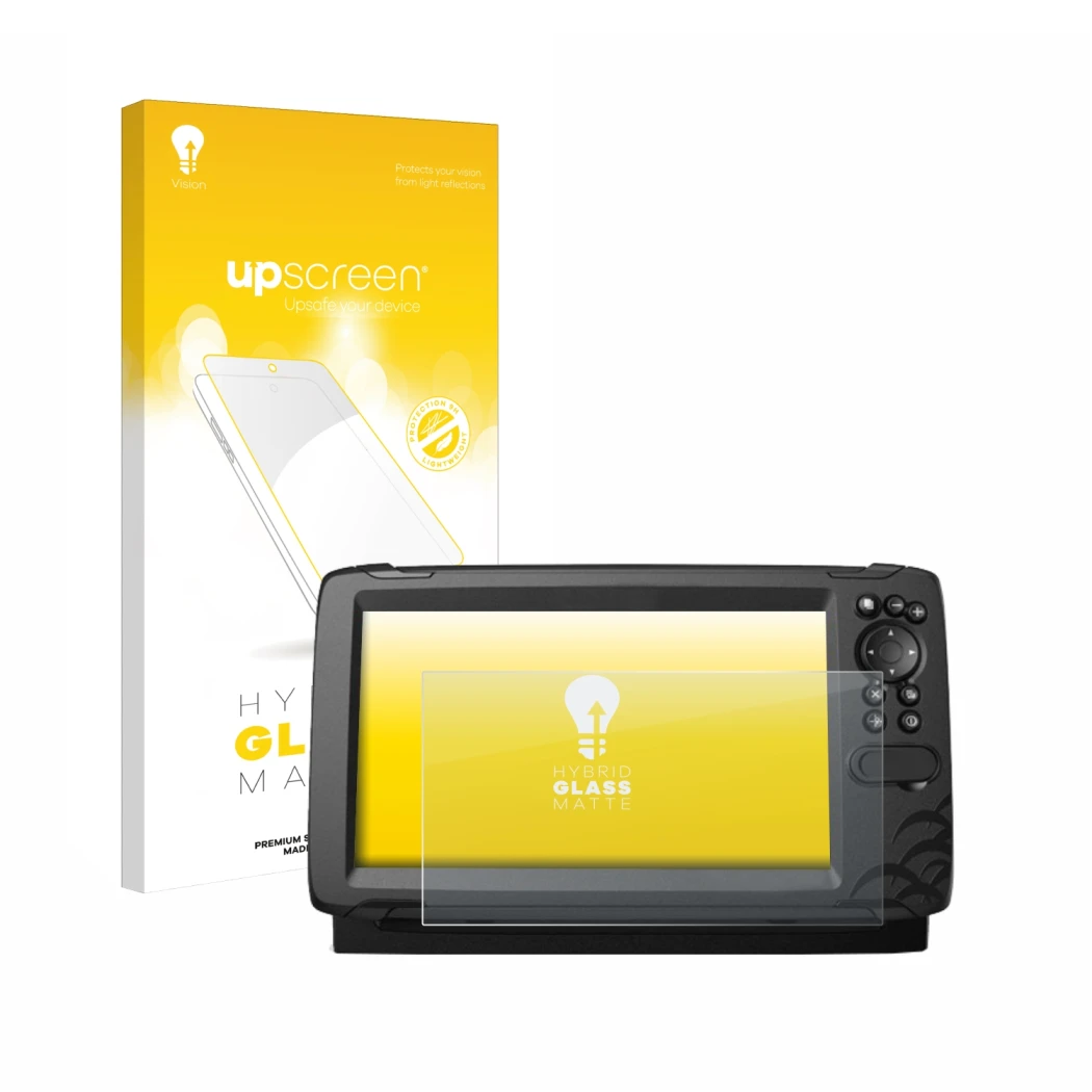 Parte frontal de un envase de producto con el logotipo de la marca upscreen. Al lado se muestra el dispositivo Lowrance HOOK R