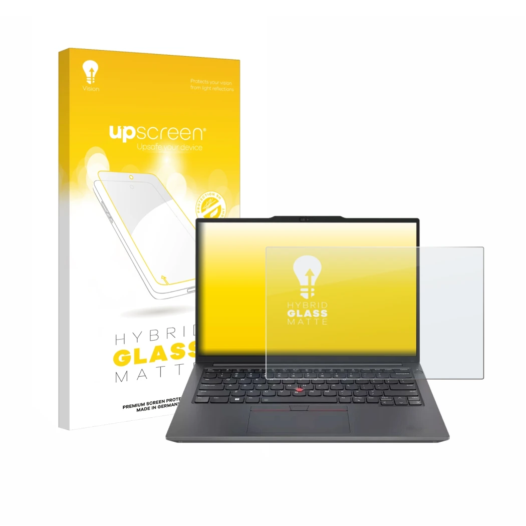 Parte frontal de un envase de producto con el logotipo de la marca upscreen. Al lado se muestra el dispositivo Lenovo ThinkPad