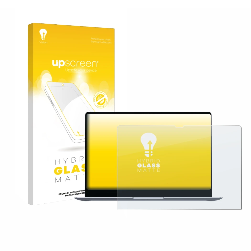 Parte frontal de un envase de producto con el logotipo de la marca upscreen. Al lado se muestra el dispositivo Samsung Galaxy 