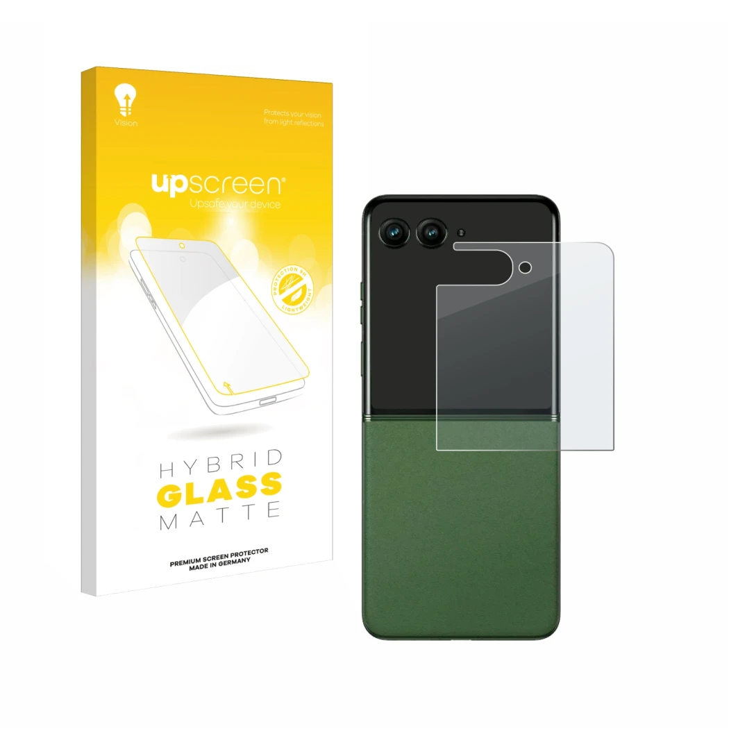 Parte frontal de un envase de producto con el logotipo de la marca upscreen. Al lado se muestra el dispositivo Motorola Razr 5