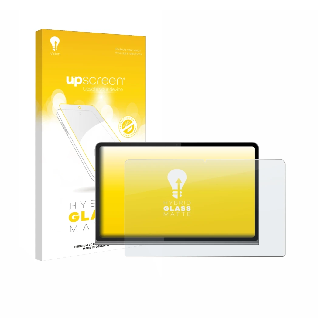 Parte frontal de un envase de producto con el logotipo de la marca upscreen. Al lado se muestra el dispositivo Lenovo Tab Plus