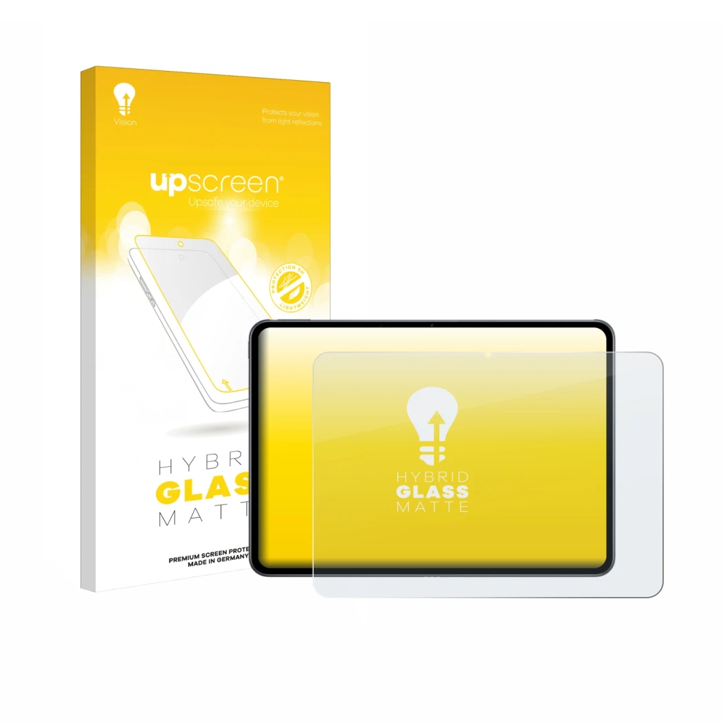 Parte frontal de un envase de producto con el logotipo de la marca upscreen. Al lado se muestra el dispositivo OnePlus Pad 2 c