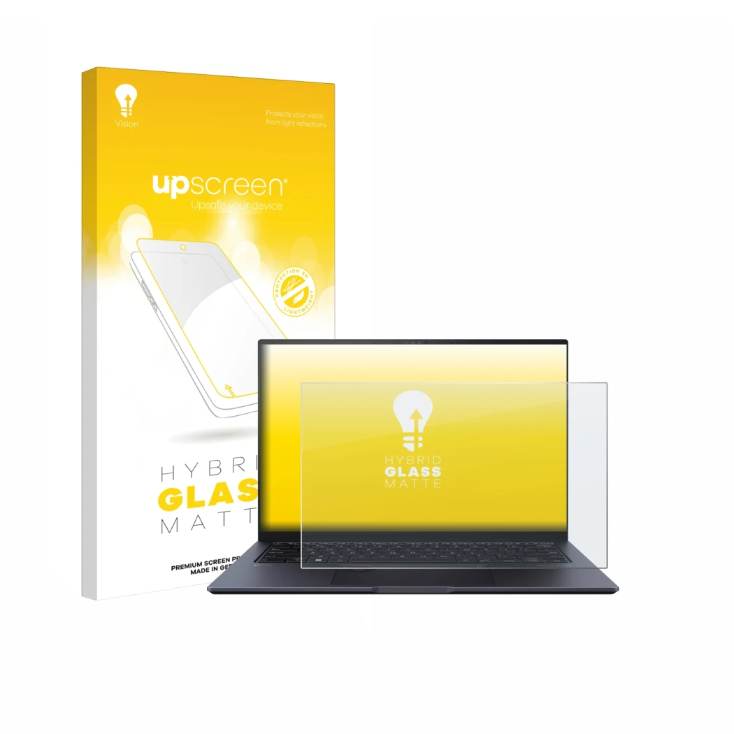 Parte frontal de un envase de producto con el logotipo de la marca upscreen. Al lado se muestra el dispositivo ASUS ZenBook Pr