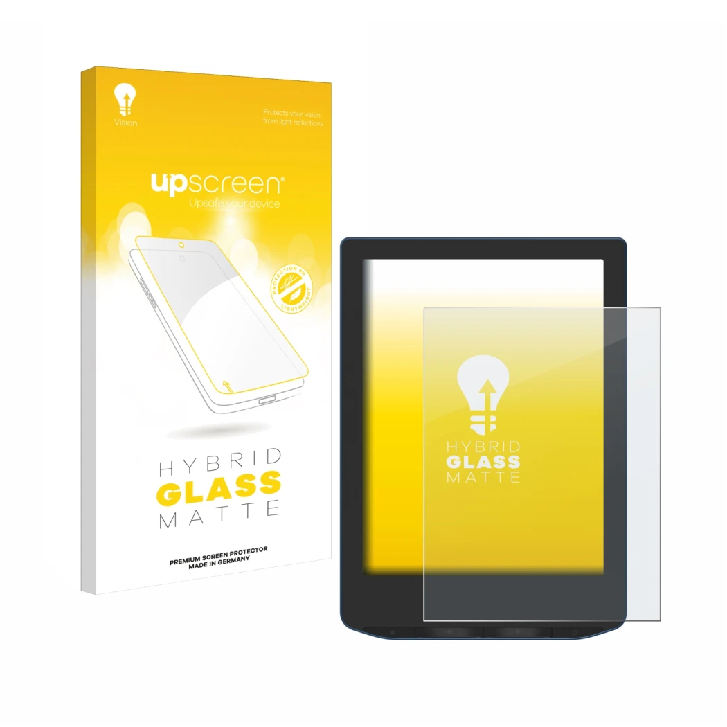 Parte frontal de un envase de producto con el logotipo de la marca upscreen. Al lado se muestra el dispositivo PocketBook Vers