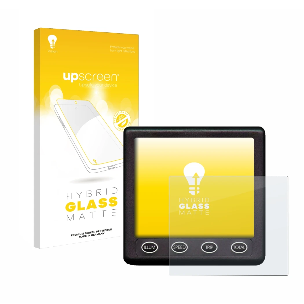 Parte frontal de un envase de producto con el logotipo de la marca upscreen. Al lado se muestra el dispositivo Nasa Marine Ins