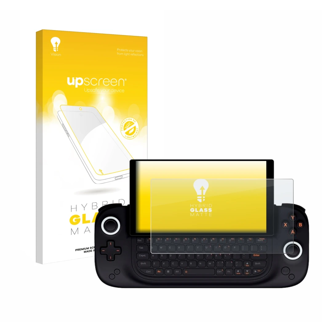 Parte frontal de un envase de producto con el logotipo de la marca upscreen. Al lado se muestra el dispositivo Ayaneo Slide co