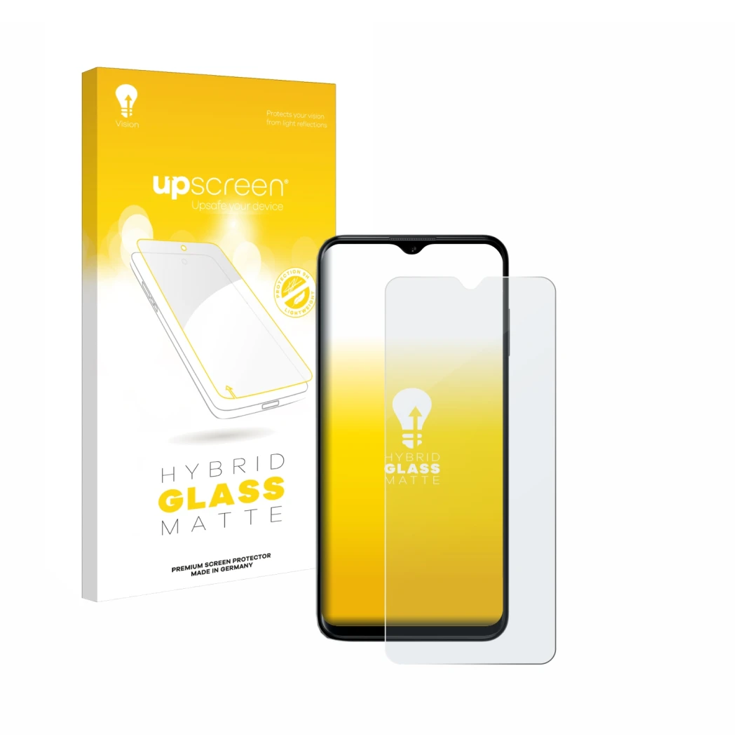 Parte frontal de un envase de producto con el logotipo de la marca upscreen. Al lado se muestra el dispositivo Nokia G60 5G co