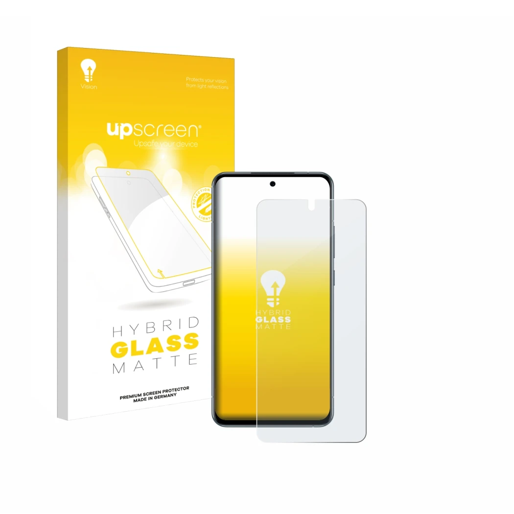 Parte frontal de un envase de producto con el logotipo de la marca upscreen. Al lado se muestra el dispositivo Nokia X30 5G co