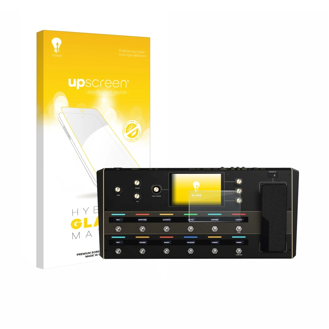 Parte frontal de un envase de producto con el logotipo de la marca upscreen. Al lado se muestra el dispositivo Headrush Prime 