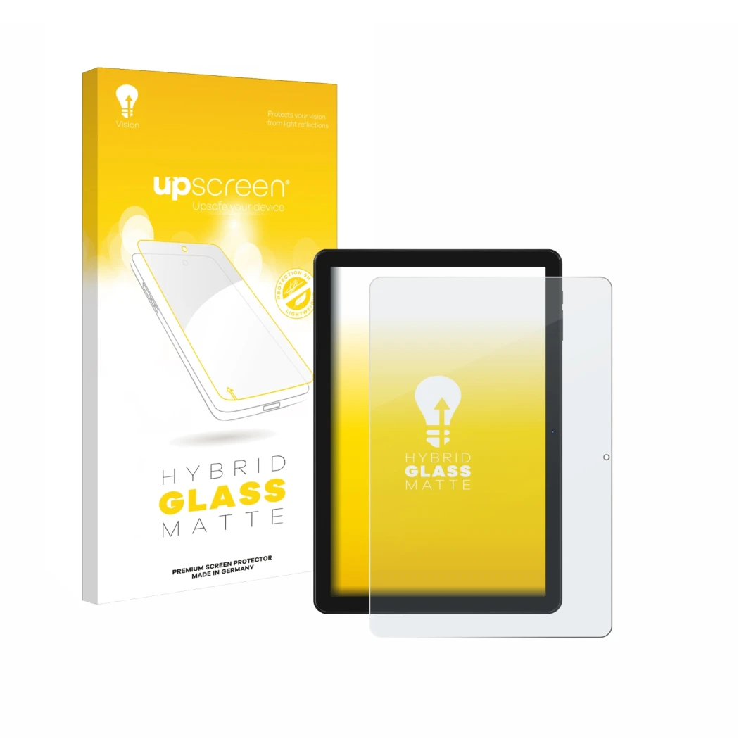 Parte frontal de un envase de producto con el logotipo de la marca upscreen. Al lado se muestra el dispositivo Doogee T10W con