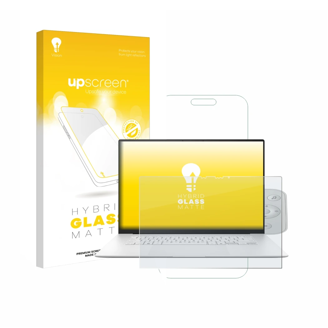 Parte frontal de un envase de producto con el logotipo de la marca upscreen. Al lado se muestra el dispositivo ASUS ZenBook S 