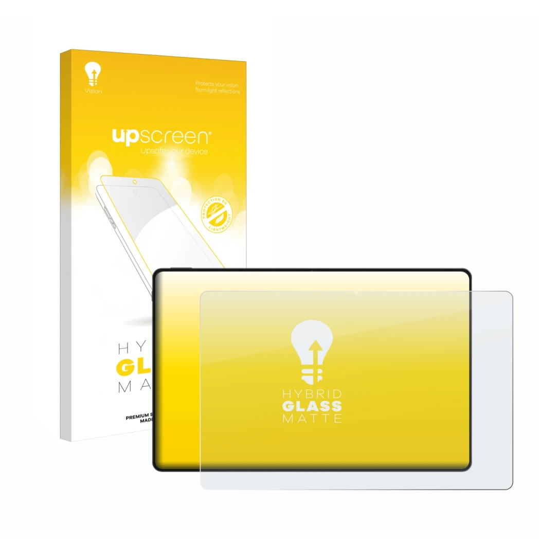 Parte frontal de un envase de producto con el logotipo de la marca upscreen. Al lado se muestra el dispositivo Honor Magicpad 