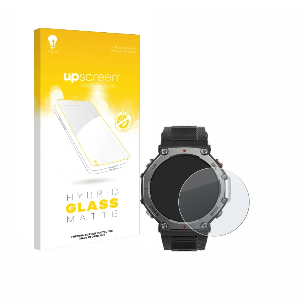 Parte frontal de un envase de producto con el logotipo de la marca upscreen. Al lado se muestra el dispositivo Huami Amazfit T