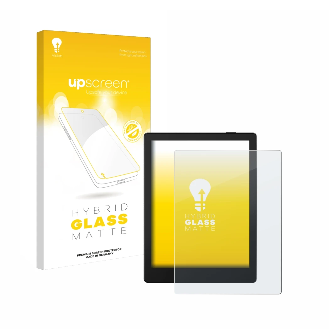 Parte frontal de un envase de producto con el logotipo de la marca upscreen. Al lado se muestra el dispositivo Boox Go 6 con s